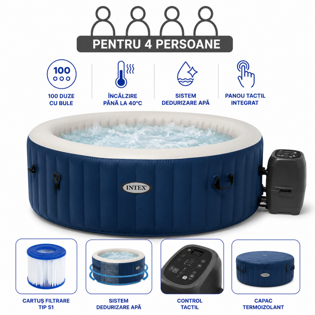 intex jacuzzi spa gonflabil “purespa bubble blue” 180х66 cm, 677l, 4 persoane