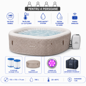 intex jacuzzi spa gonflabil “chevron deluxe square bubble” 173×71,795l, 4 persoane