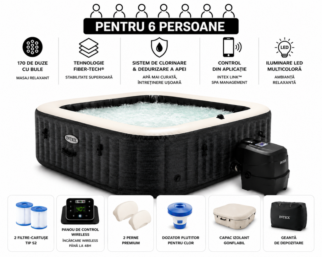 intex jacuzzi spa gonflabil “greystone deluxe” 239х239х71, 1098l, 6 persoane